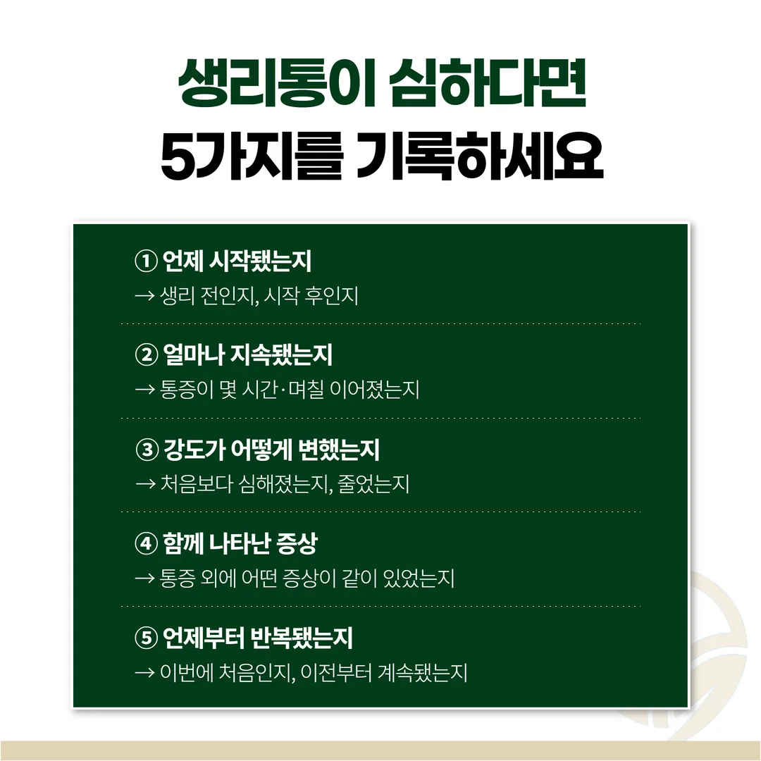 한 주기 동안 생리통을 적어 둔 달력 형태의 기록표