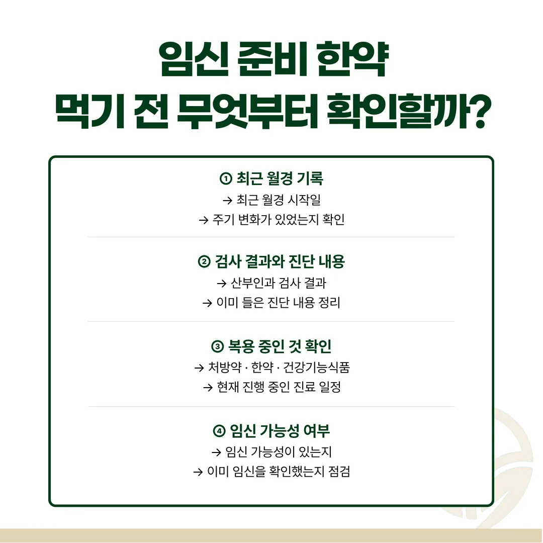 임신 준비 한약 복용 전 확인 순서 4단계 도식