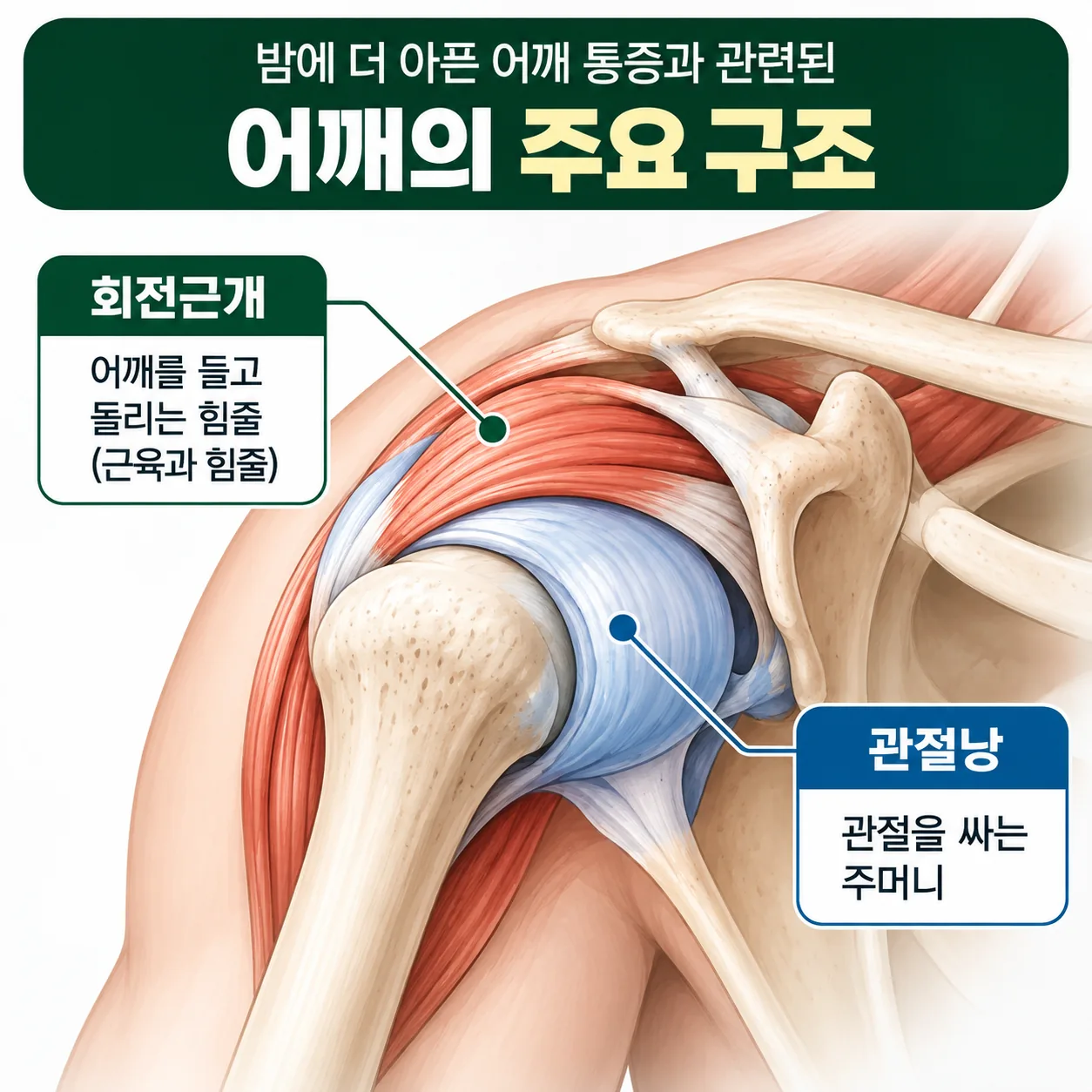 밤에 더 아픈 어깨 통증과 관련된 어깨 힘줄과 관절 주머니 위치 개념도