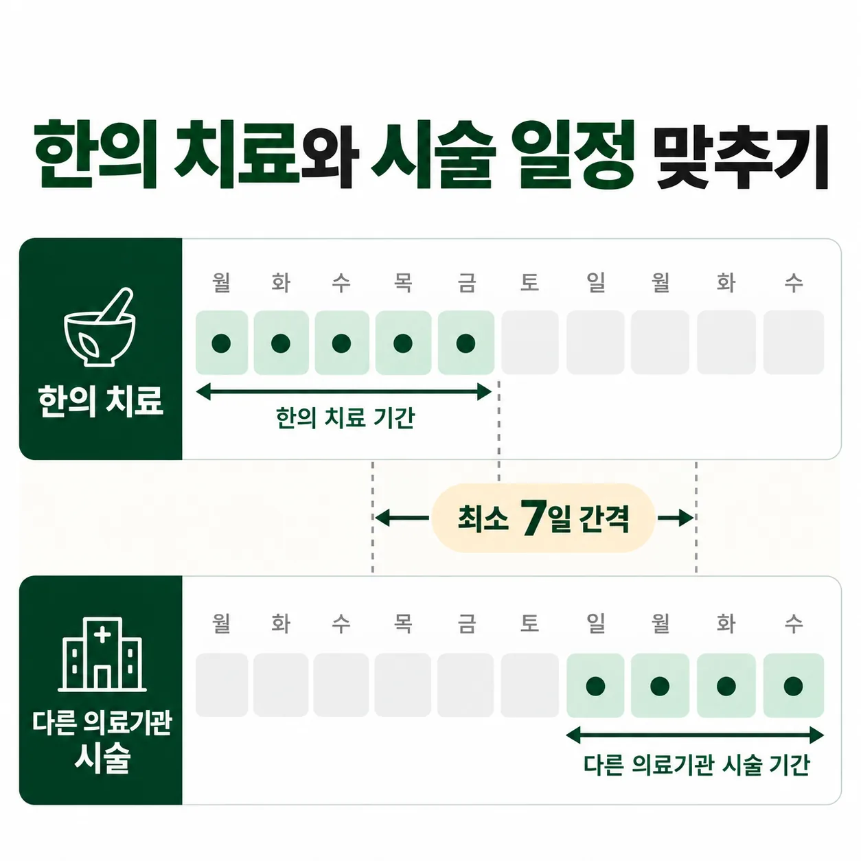 한의 치료와 다른 곳의 난임 시술 일정을 7일 간격으로 차례로 잇는 달력 예시