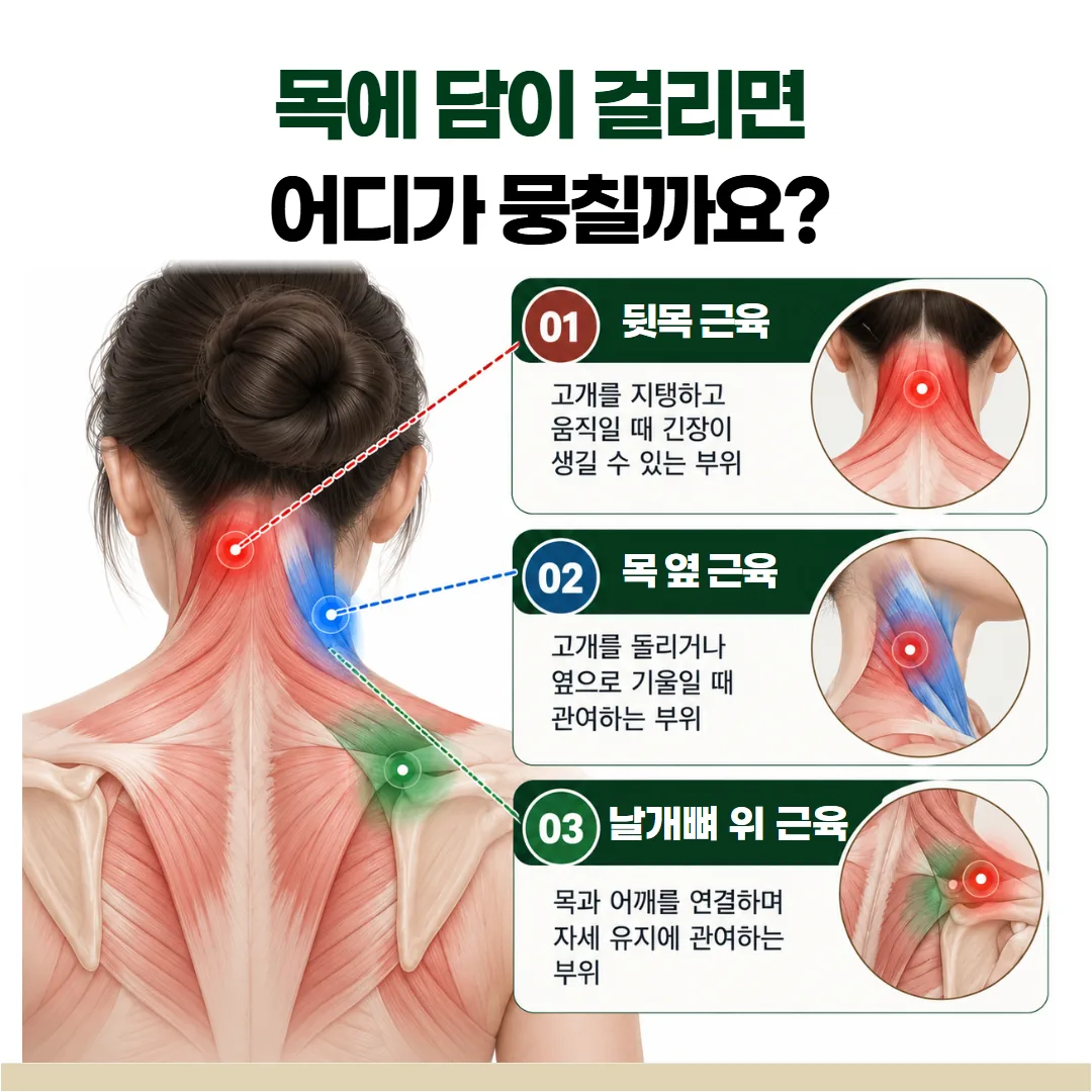 담이 걸렸을 때 굳기 쉬운 뒷목, 목 옆, 날개뼈 위쪽 근육을 색으로 나눠 표시한 개념도