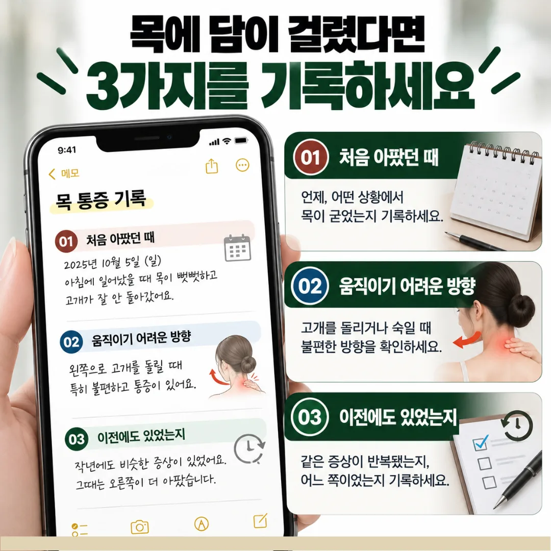목 담 걸림으로 내원하기 전에 적어 오면 좋은 세 가지 메모 예시