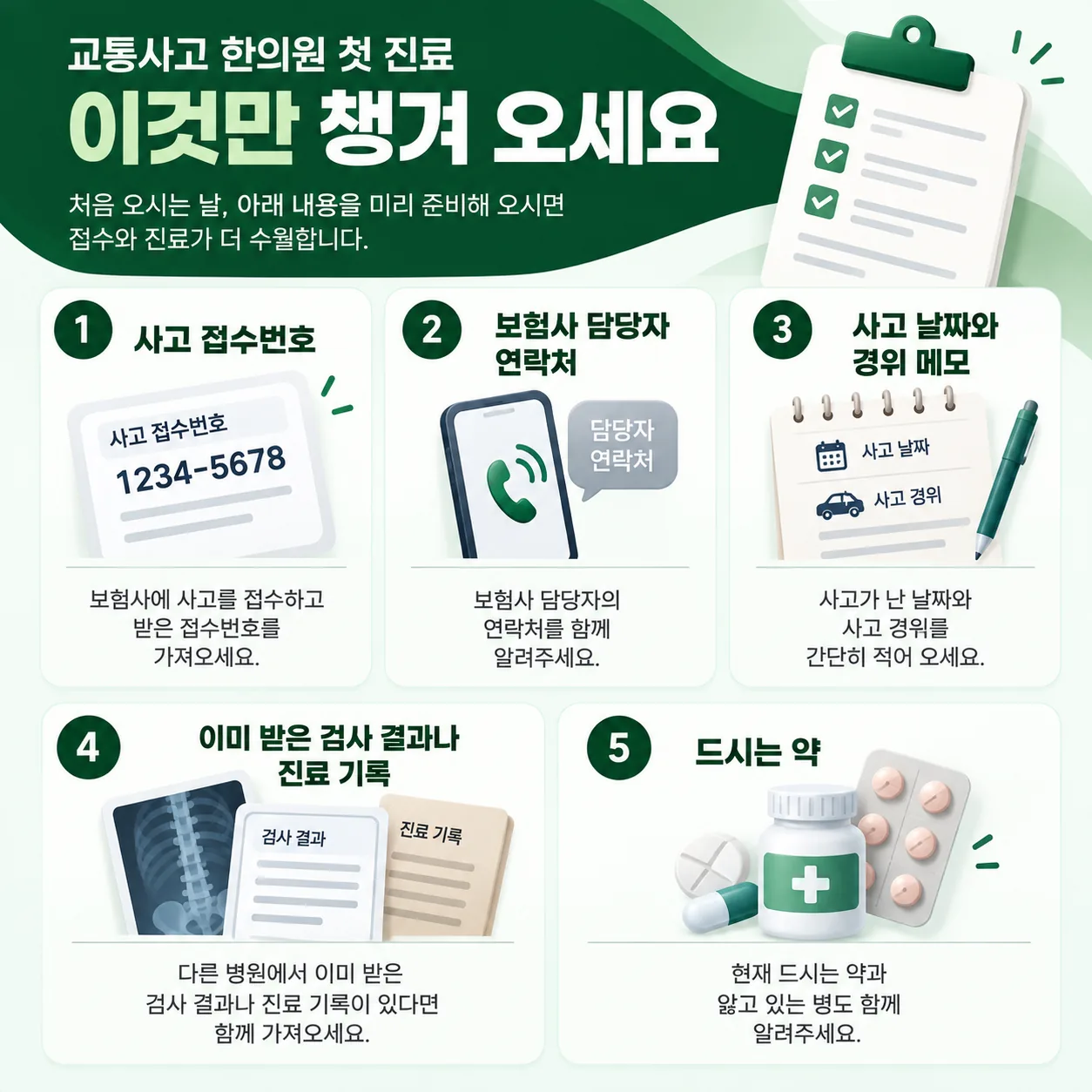 교통사고 첫 진료에 챙길 다섯 가지 메모 카드