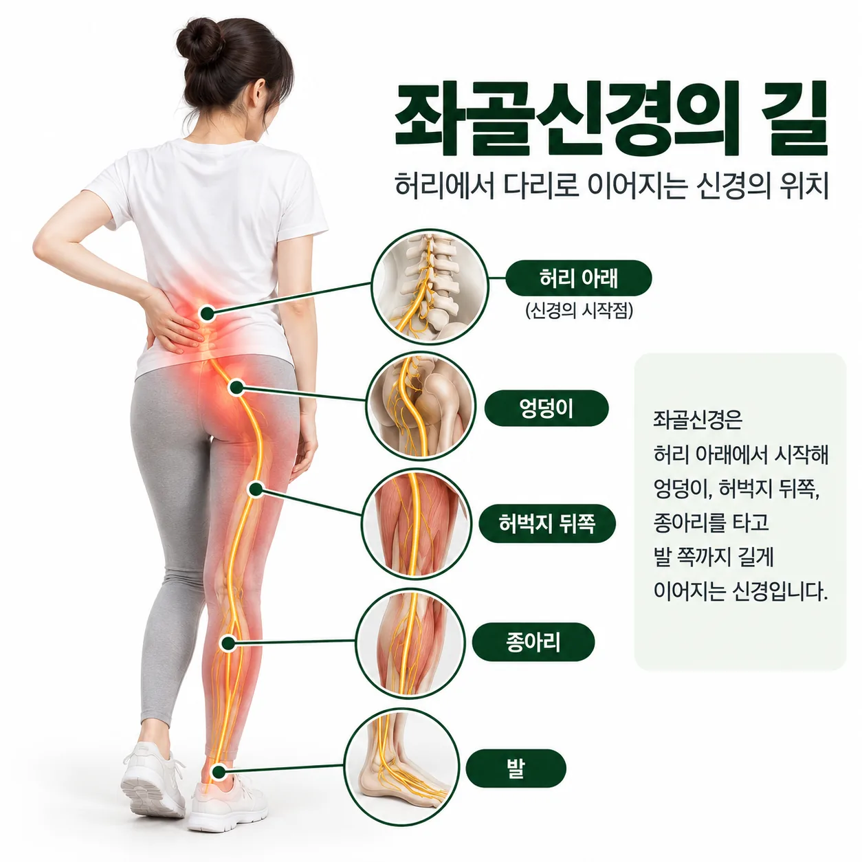 허리에서 엉덩이와 허벅지 뒤쪽을 지나 종아리로 내려가는 좌골신경 길 개념도